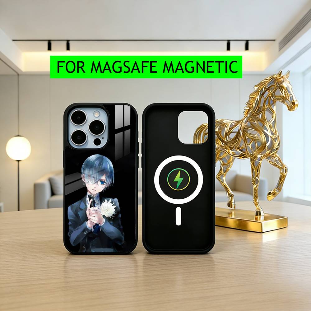 Black C-Ciel P-Phantomhive Butler Phone Case For iPhone17,16,15,14,13,12,11 Plus,Pro Magnetic with Magsafe Wireless Charging