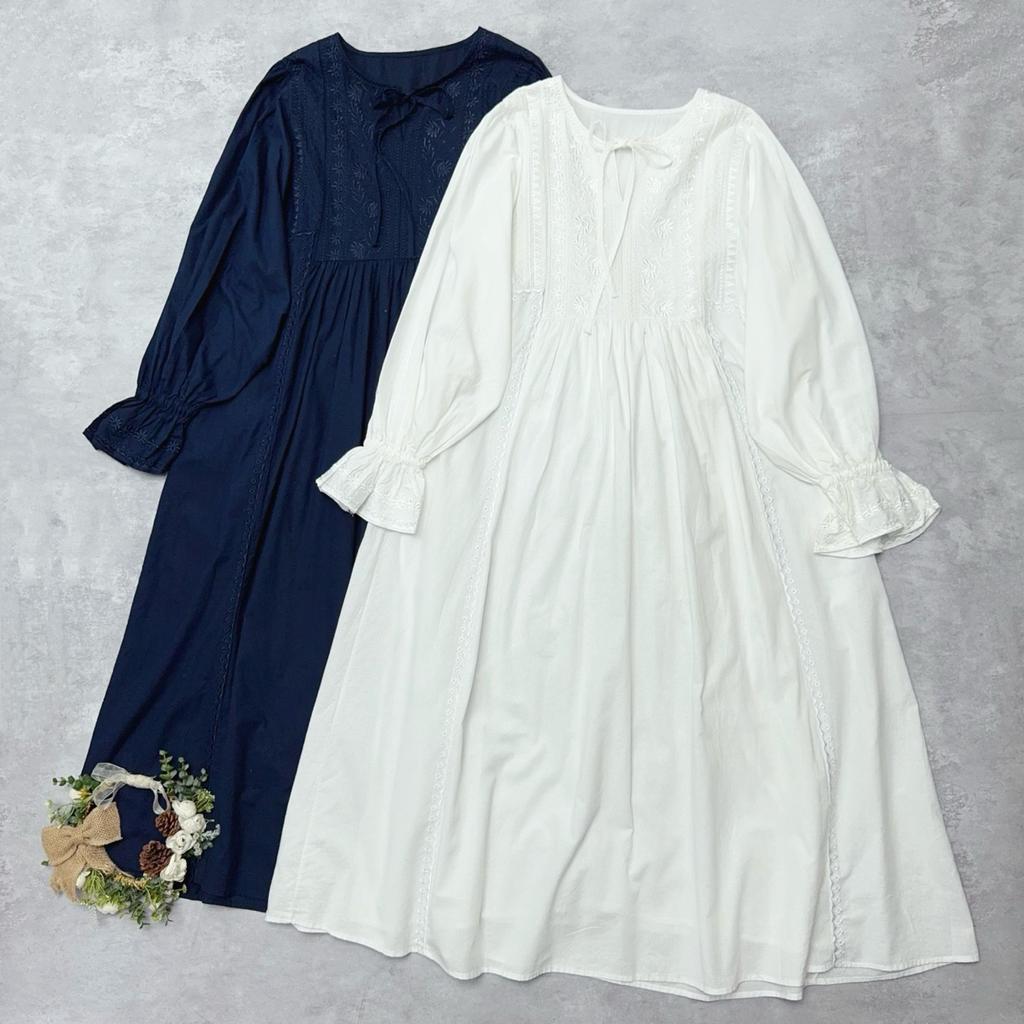 Johnature Embroidered Dress Spring Autumn French Vintage Style Lace Patchwork Long Sleeve Dresses