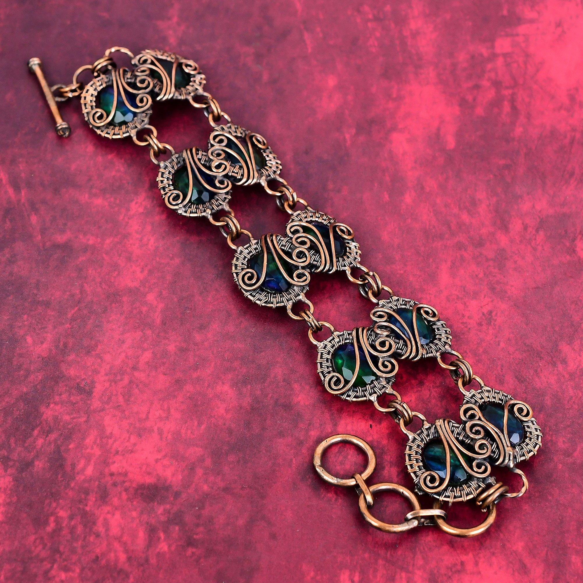 Faceted ammolite bracelet copper wire wrapped bracelet adjustable chain bracelet gemstone handmade jewelry gifts for her copper wire jewelry Adjustable