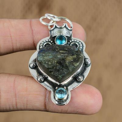 Wedding Gift For Her 925 Silver Natural Labradorite Rough Gemstone Pendant