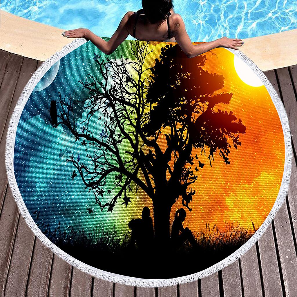 Tree of Life Round Beach Blanket with Tassels Polyester Sandproof Beach Towel,Absorbent Quick Dry Pool Towel Portable Picnic Mat