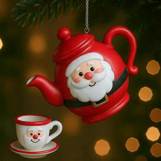 Yousheng Christmas Teapot Ornament Holly Vintage Tea Cups And Pot Set Xmas Tree Hanging Ornaments 2D Acrylic Teapot Decor with Pouring Tea Effect