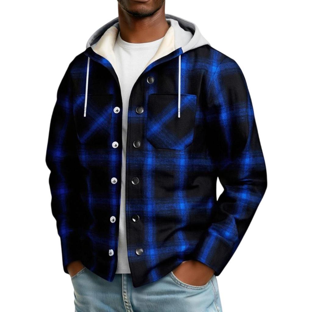 Men's Striped Plaid Casual Loose Button Lapel Long Sleeve Hooded Cardigan Shirt Jacket