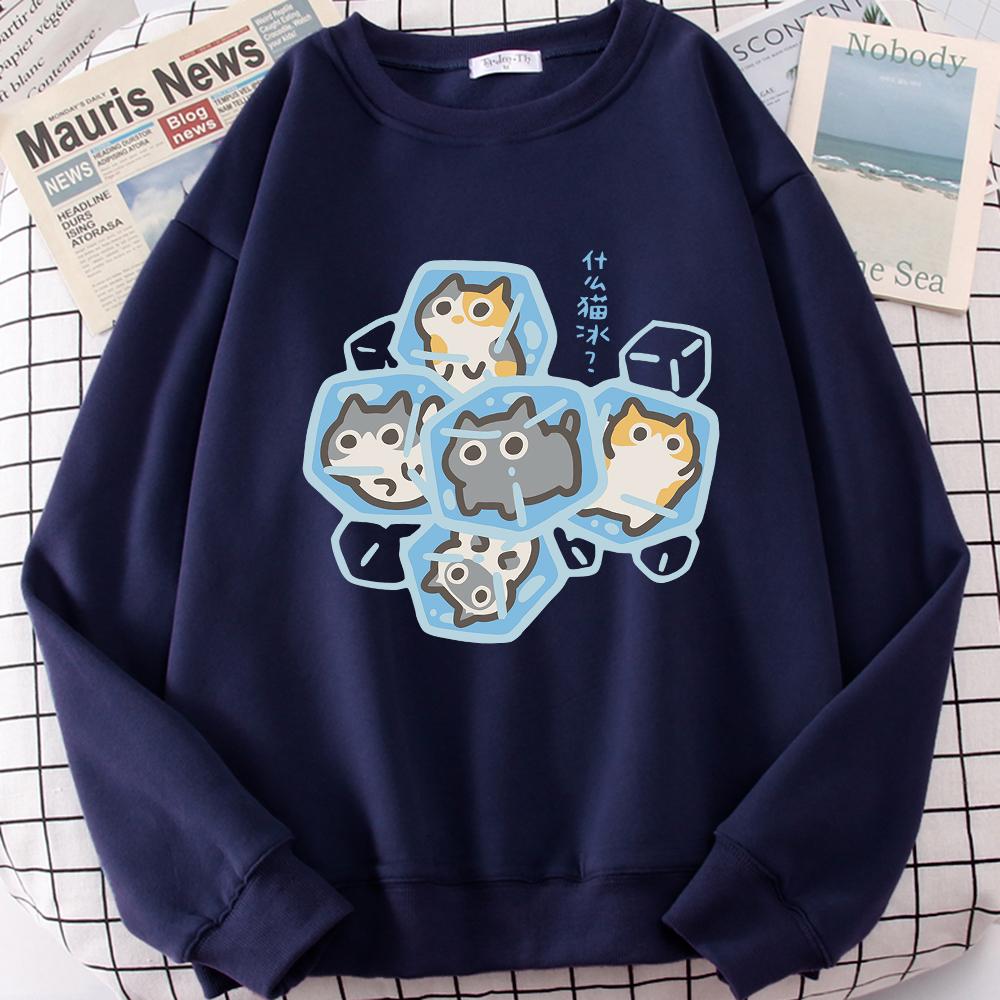 Ice Cat Dibujos Animados Divertidos Gatos Lindo Estampado Sudadera Hombre Mujer Harajuku Cuello Redondo Sudadera con Capucha Estampados Otoño Ropa Deportiva Sudadera Holgada