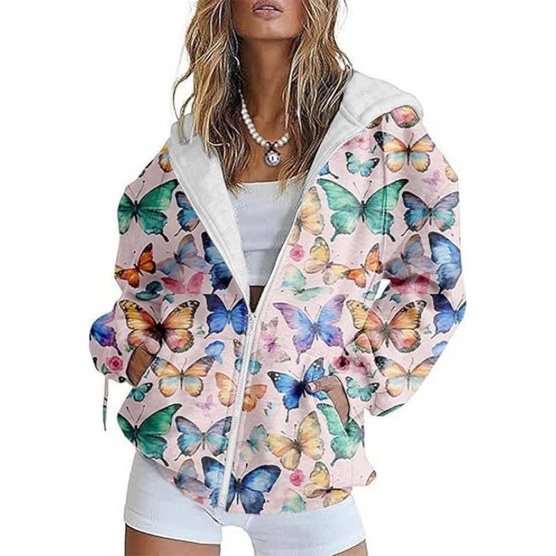 Womens Oversized Hooded Zip-Up Sweatshirt With 3D Printed Winter Casual Loose Fit