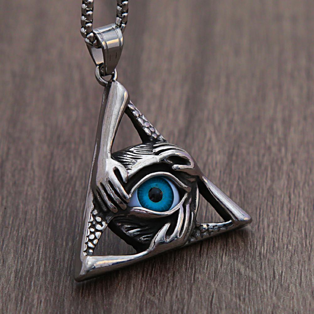 Retro Unique Evil Eye Pendant for Men Punk Hip Hop Stainless Steel Triangle Necklace Personality  Jewelry Gift