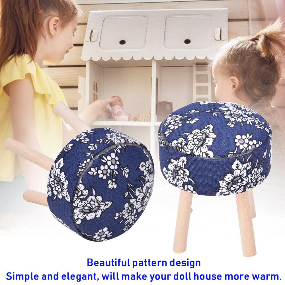 1:12 Doll House Accessories Dollhouse Miniature Furniture Cloth Wood Four Legged Stool(Dark Blue )