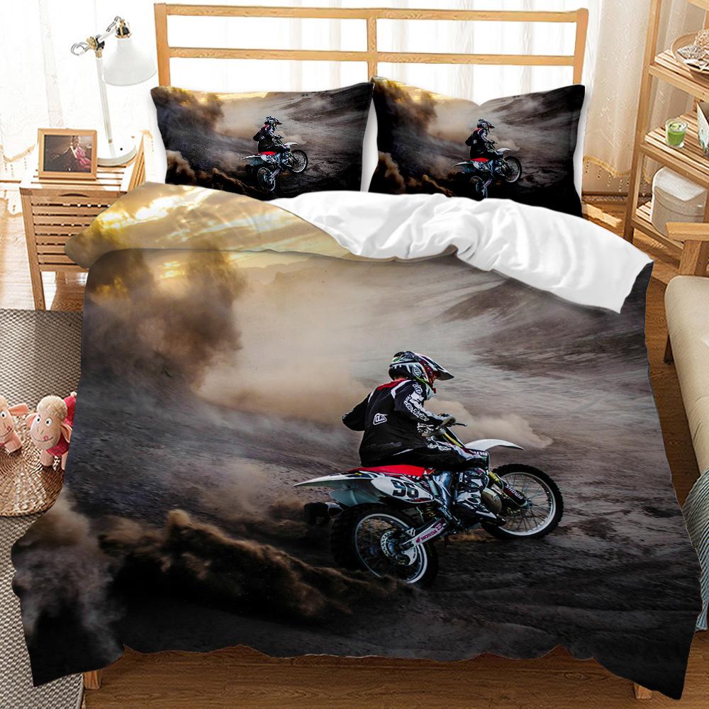 Motorbike Comforter Cover Set Queen Size, Boys Motocross Rider Duvet Cover, Teens Racing Motorcycle Dirt Bike Bedding Set Child