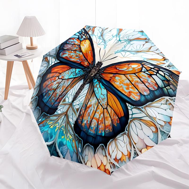 1pc Butterfly Stained Glass Mandala Umbrella with Plastic Handle,Suitable for All Seasons Home Travel Outdoor UmbrellaDD167