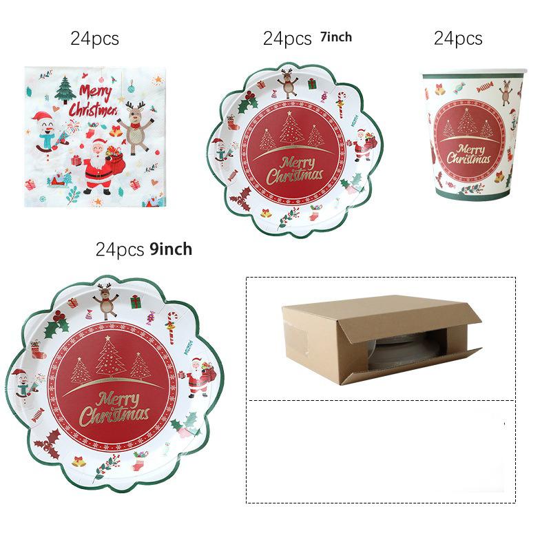 JUSTINLAU Christmas Cutlery Disposable Tableware Set Paper Plates Paper Cups Tissues Tablecloth Dining Plates Christmas Themed