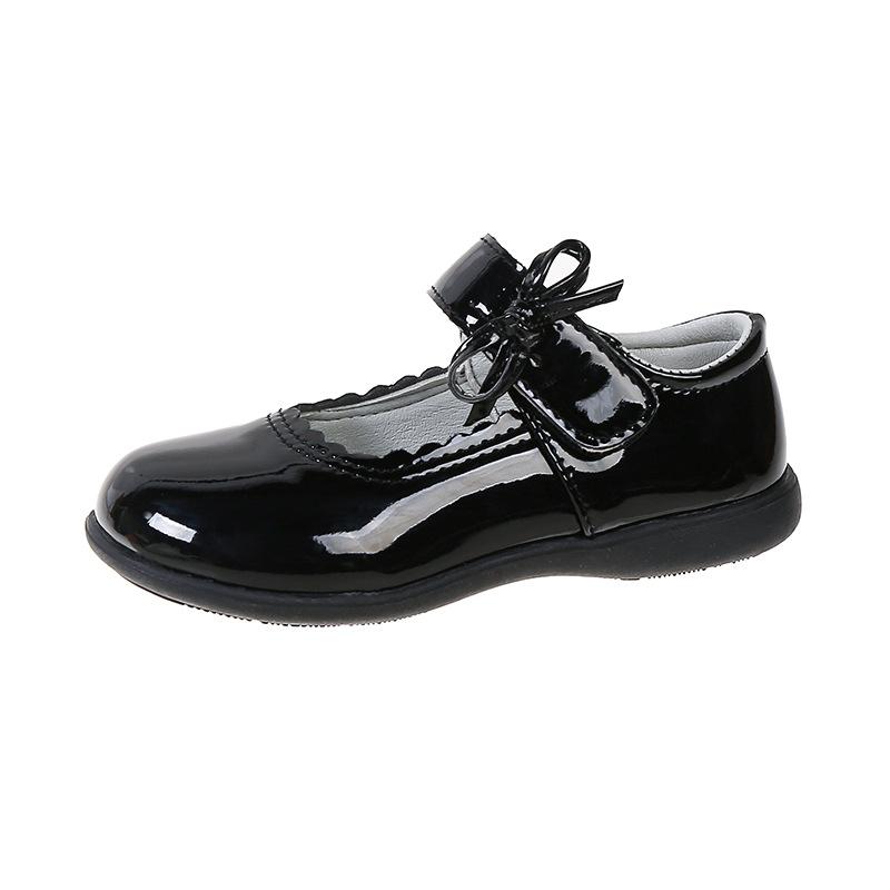 Girls Black Performance Shoes Glossy Kids Leather Shoes Pu Simple Bow 2025 Brand New Children Flat Shoes Round Toes Versatile