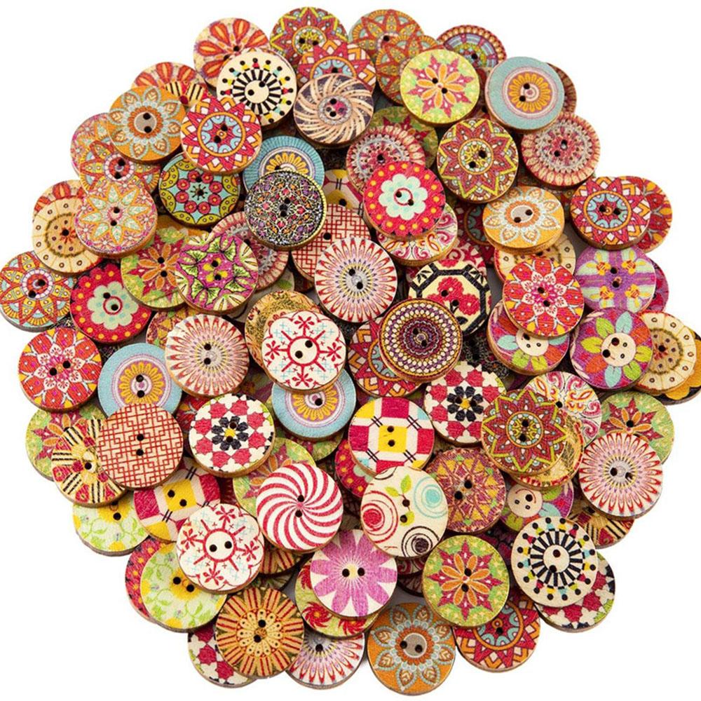 

100pcs 15-25mm Vintage Wooden Buttons Colorful DIY Crafts Multi Patterns Sewing Accessories for Scrapbooking Wedding Decor Gifts 15mm