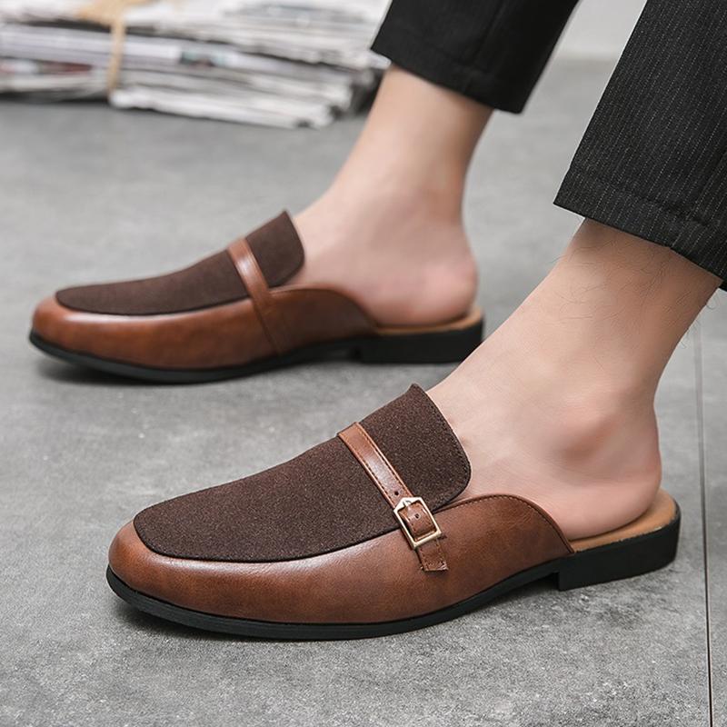 New Men's Charm Suede Leather Half Slippers Black Brown Shoes Male Casual Mules Moccasins Breathable Monk Straploafers