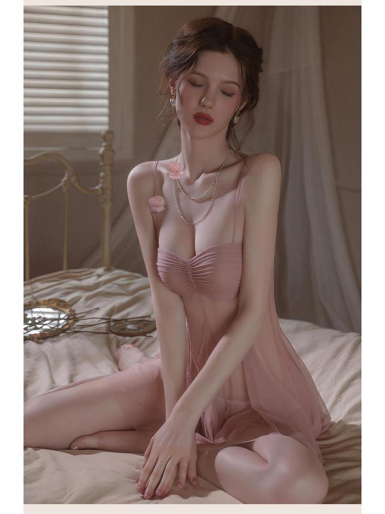 What Night Is It Tonight 2025 Women's Sexy Underwire Push-Up Spaghetti Strap Mesh Nightdress