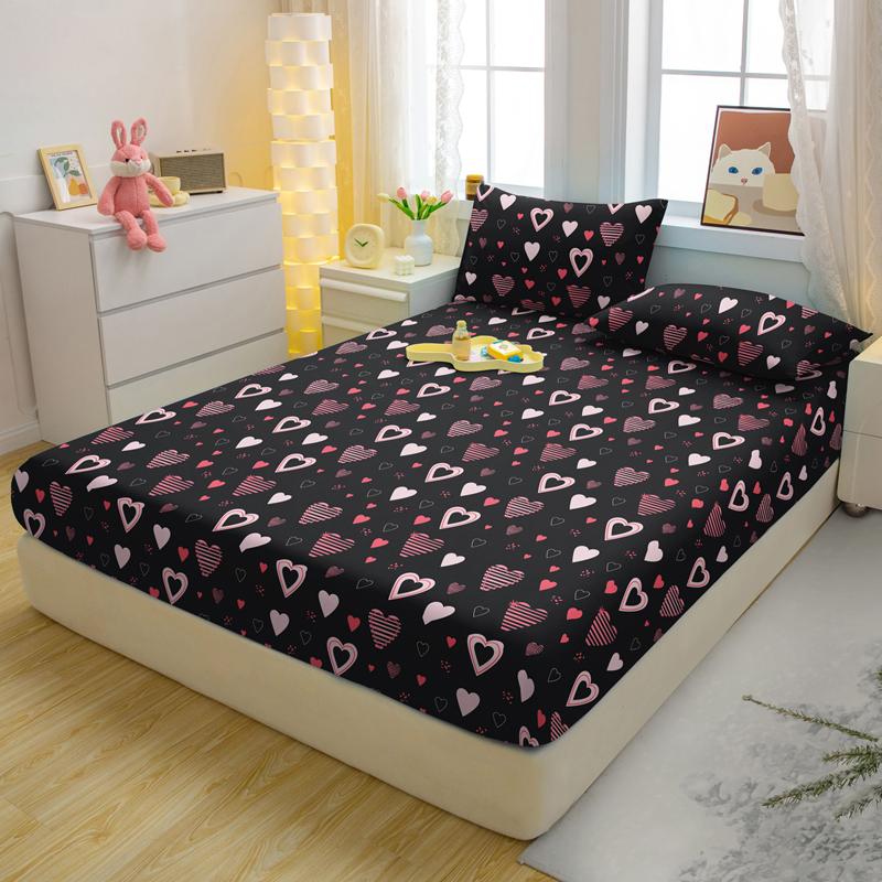 Simple 1 Modern Heart-Shaped Printed Matte Fitted Sheet, Bedroom Printed Bed Cover, Bedding Excluding Pillowcases