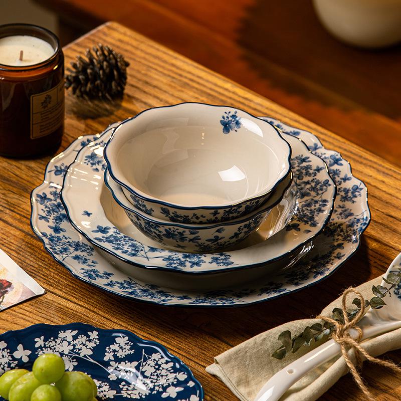 Luxury National Tide Style Ceramic Bowl & Plate Set - Underglaze Color, Ideal for Rice, Soup, and More.
