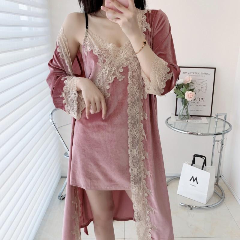 Velvet Women Homewear Sexy Lace Kimono Bathrobe Gown Trim 2PCS Robe Set Loose Casual Lounge Wear Autumn Winter Velour Sleepwear