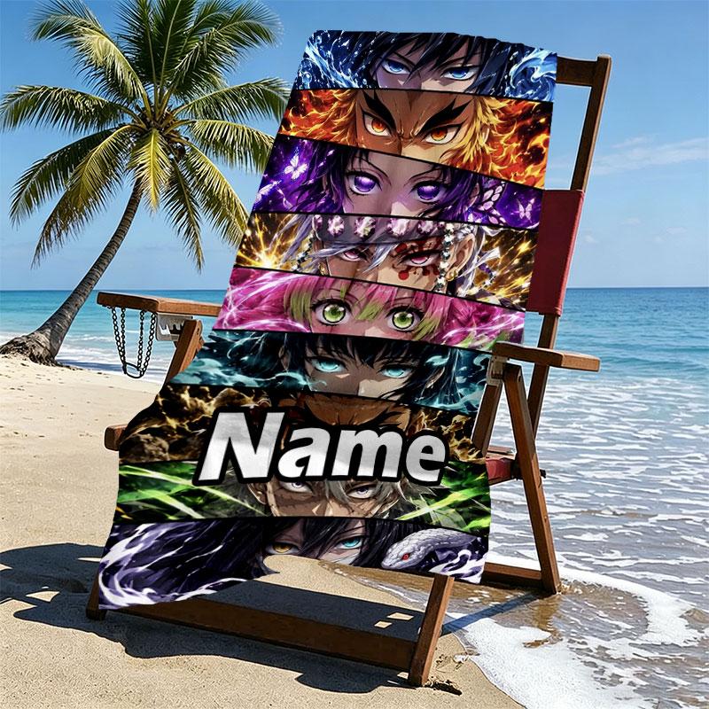 Personalisierbares Strandtuch mit Demon Slayer Aufdruck und individuellem Namen, für Reise, Camping, Strandparty, Heimdekoration, Geburtstagsgeschenk für Familie & Freunde