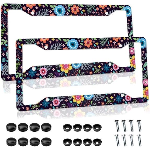 Cherry Blossom License Plate Frame Pink License Plate Cover Funny Auto Accessory Bracket Aluminum Metal Black License Plate Frames For Women Men (Set