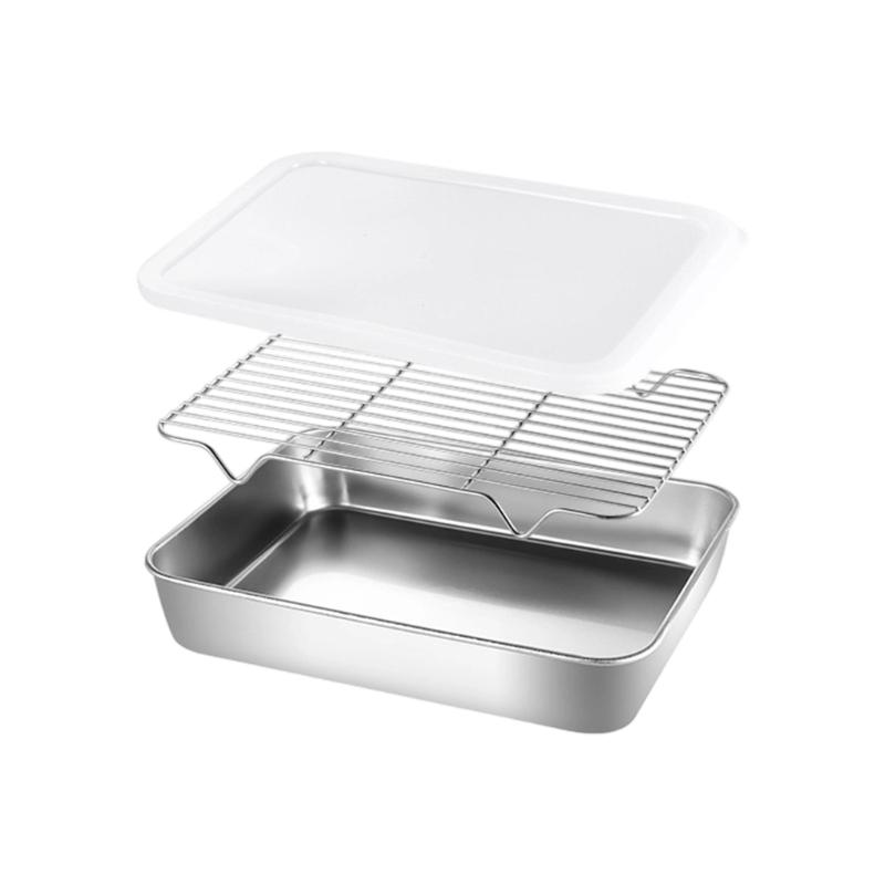 

Stainless Steel Baking Pan With Lid BBQ Pan Plate Oven Rack Grilling Tool Kitchen Cooking Roasting Tool Easy to Clean