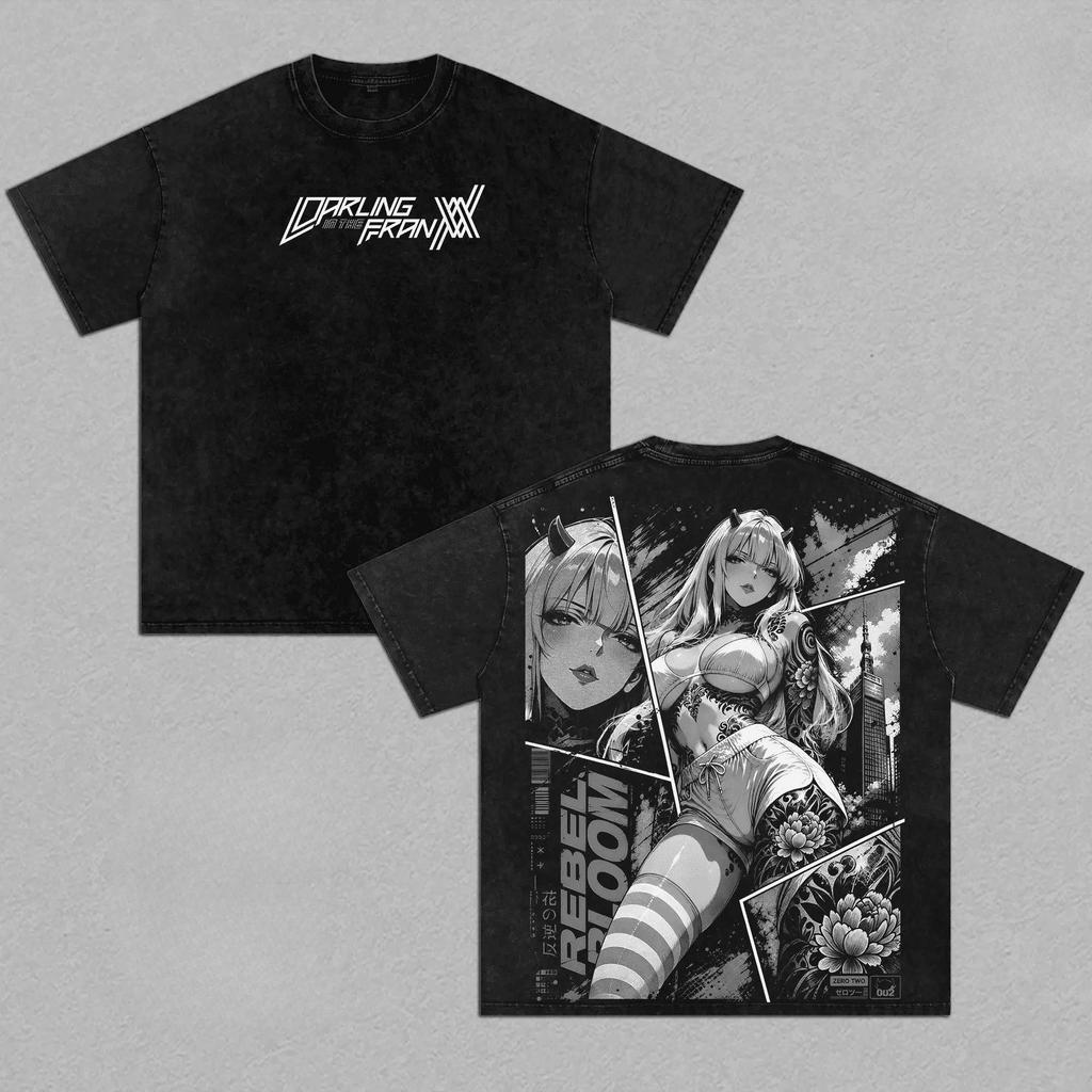 Darling in The Franxx Zero Two Grafik T-Shirt Vorderseite Rückseite Streetwear Anime Vintage Gewaschen Kurzarm Rundhals Unisex Manga Übergroße Oberteile T-Shirts