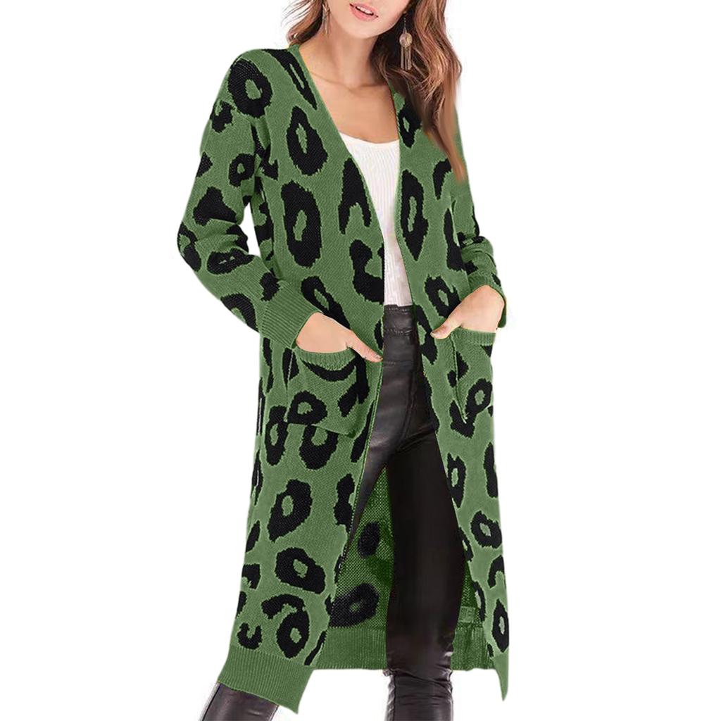 Women's Casual Loose Leopard Print Mid-length Knitted Sweater Jacket