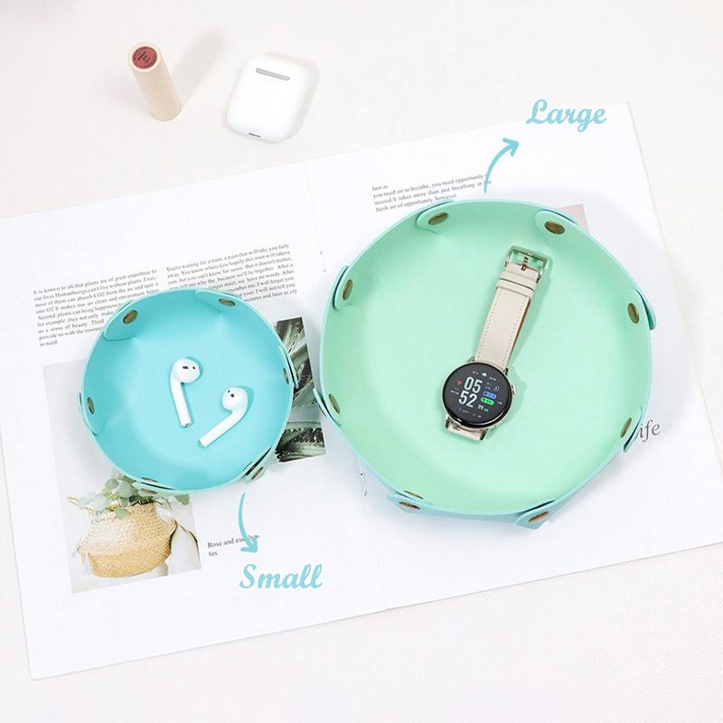 1PC Foldable Round PU Leather Tray Desktop Organizer for Jewelry Cosmetics Keys Multi-purpose Storage Box for Home Office