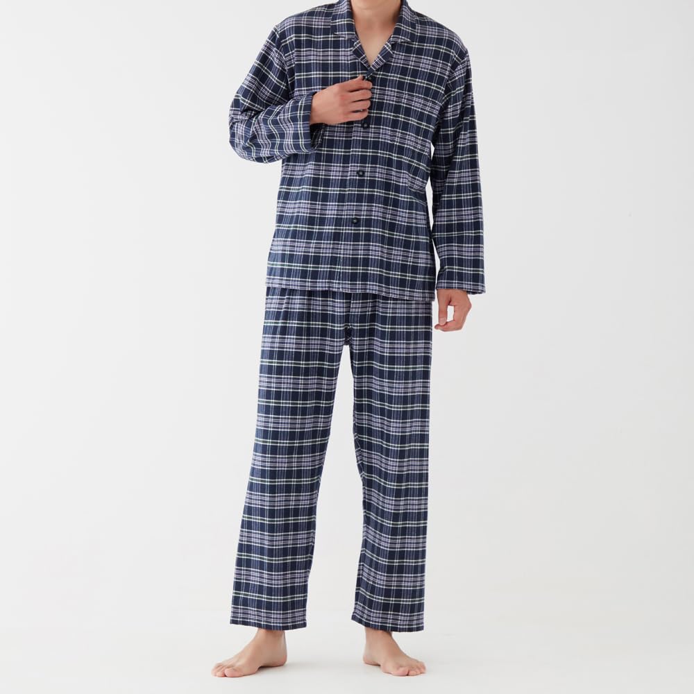 Gunze Nahtlose Seite Langarmhose Gefärbtes Marineblau Herrenpyjama, (Frontöffnung), 100% Baumwolle, Flanell, (SF4093)