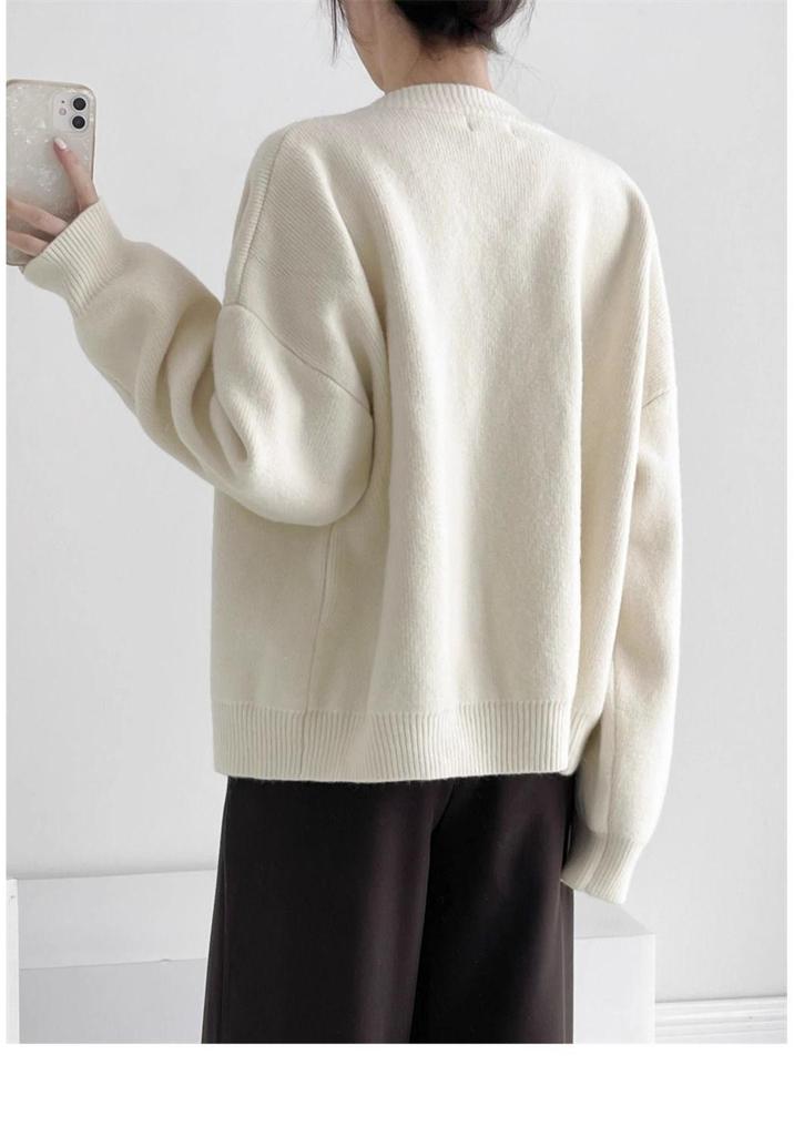 Thick Knit Single-Breasted Solid Color Cardigan - Loose Fit, Round Neck