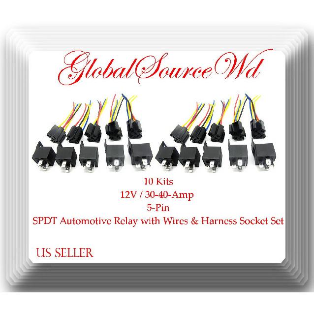 10 Kits Car 30/40 AMP Relay Automotive Harness Socket 5 Wires SPDT 5 Pin DC 12V