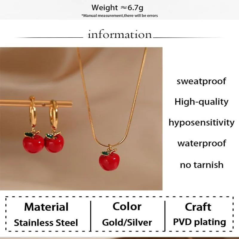 Cute Fashion Plated Titanium Steel 3D Drip Oil Apple Necklace Earrings Fruit Series Accessories Red Apple Pendant Necklace Jewel