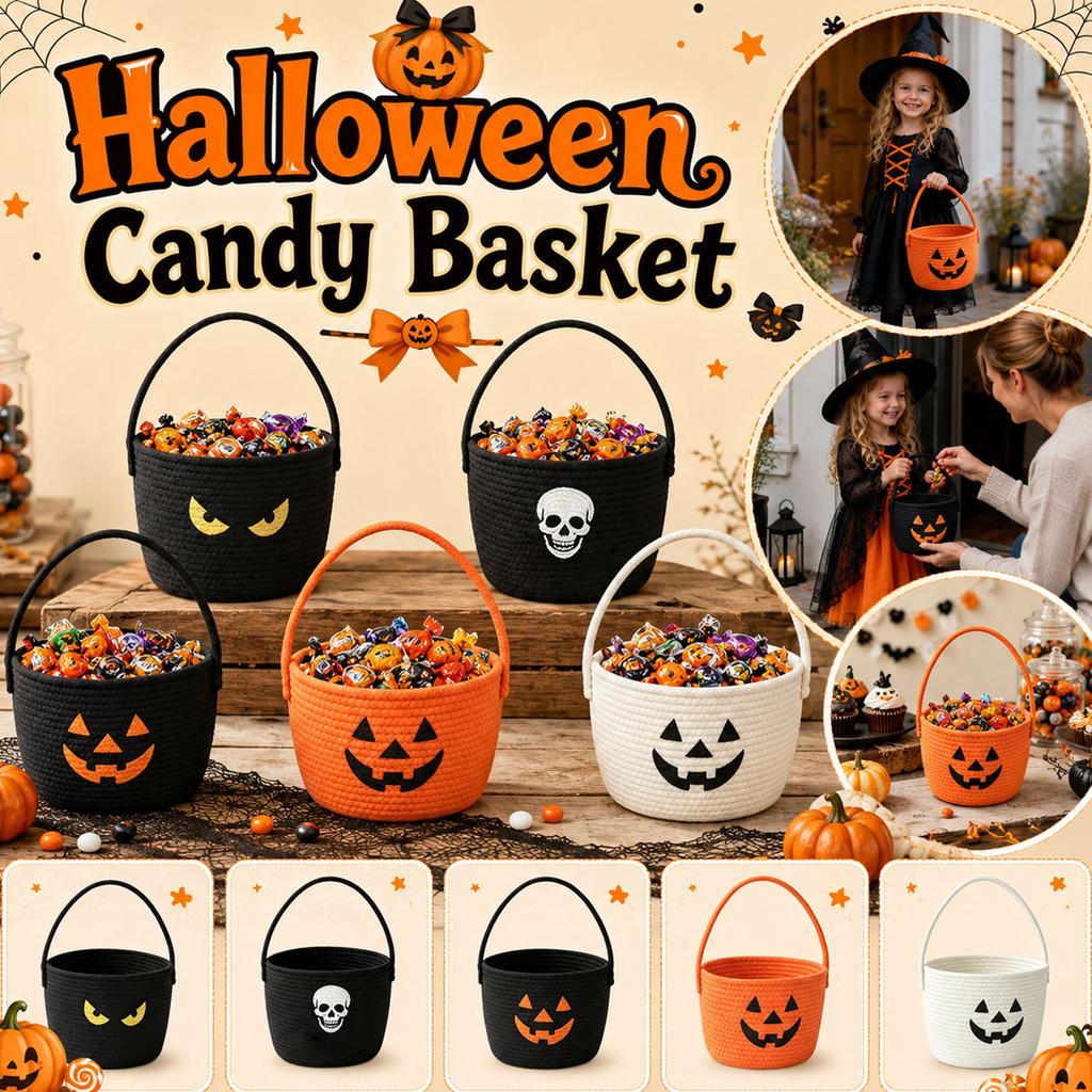 Halloween Candy Basket Handheld Pumpkin Bucket Cotton Rope Storage Basket with Handle for Holiday Decoration and Organization