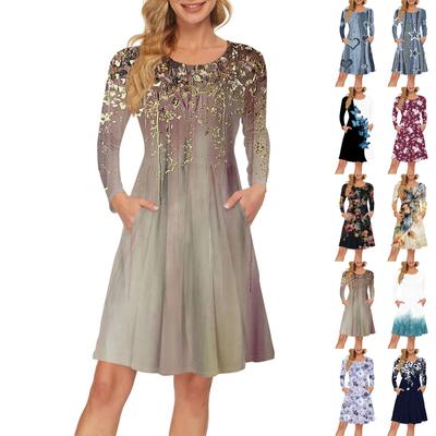 Rochie de damă cu mânecă lungă plisată leagăn leagăn ocazional cu buzunare Rochii până la genunchi