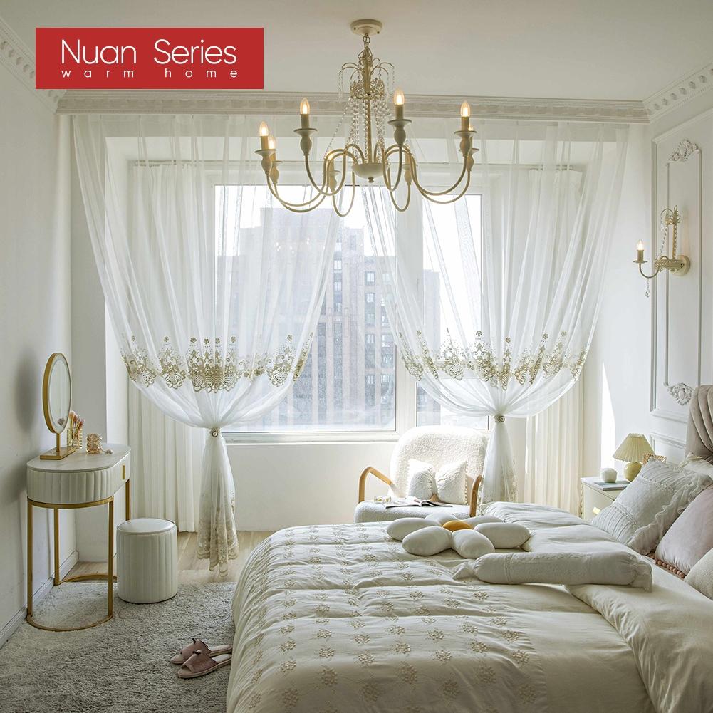 1PC Nuan Series French Style Gold Thread Embroidered Sheer Curtain Romantic Style Luxury Tulle for Living Room Bedroom Balcony Window Home Decor