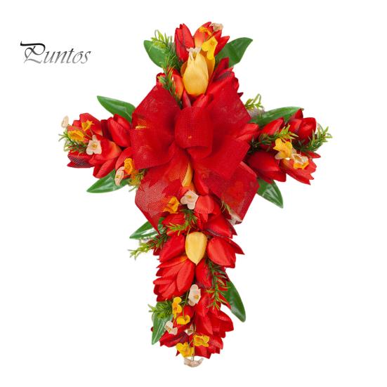 

Пасхальний вінок Штучний тюльпан Квітковий вінок з бантом Весняний квітковий марлевий гірлянд Передні двері Вітальний знак для декору святкової вечірки червоний