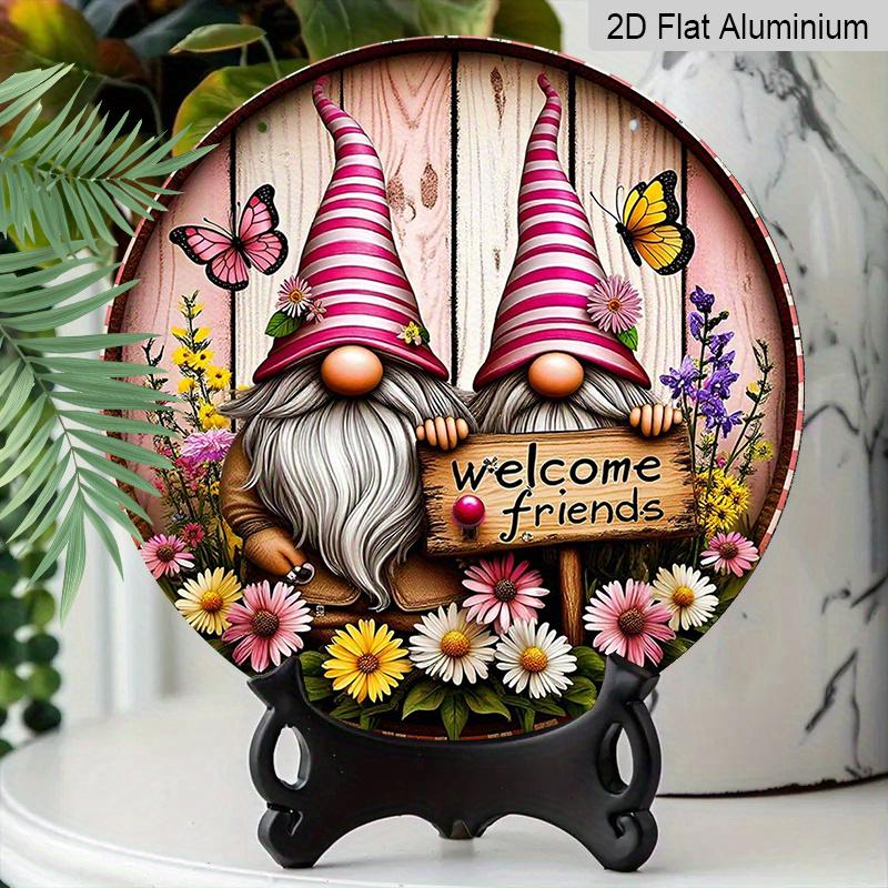 2D Flat Print, 1pc Metal Aluminum Sign, Whimsical Gnome Garden Wall Art with "Welcome Friends" Sign, Colorful Flowers & Butterflies, Rustic Decor for