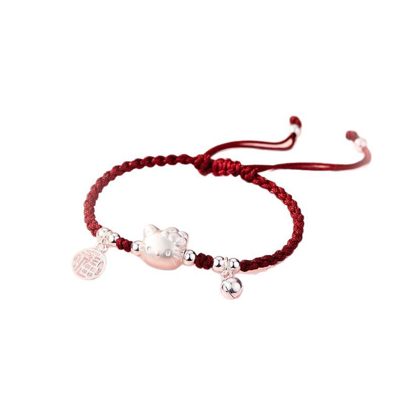 Handmade 999 Sterling Silver Cat Bracelet for Women - Red Woven Rope, Gift for Little Girls