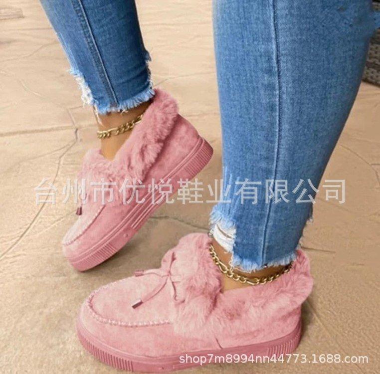 Autumn and winter new flat-bottomed suede plush one-pedal snow boots warm and non-slip fluffy women's plush thick cotton shoes