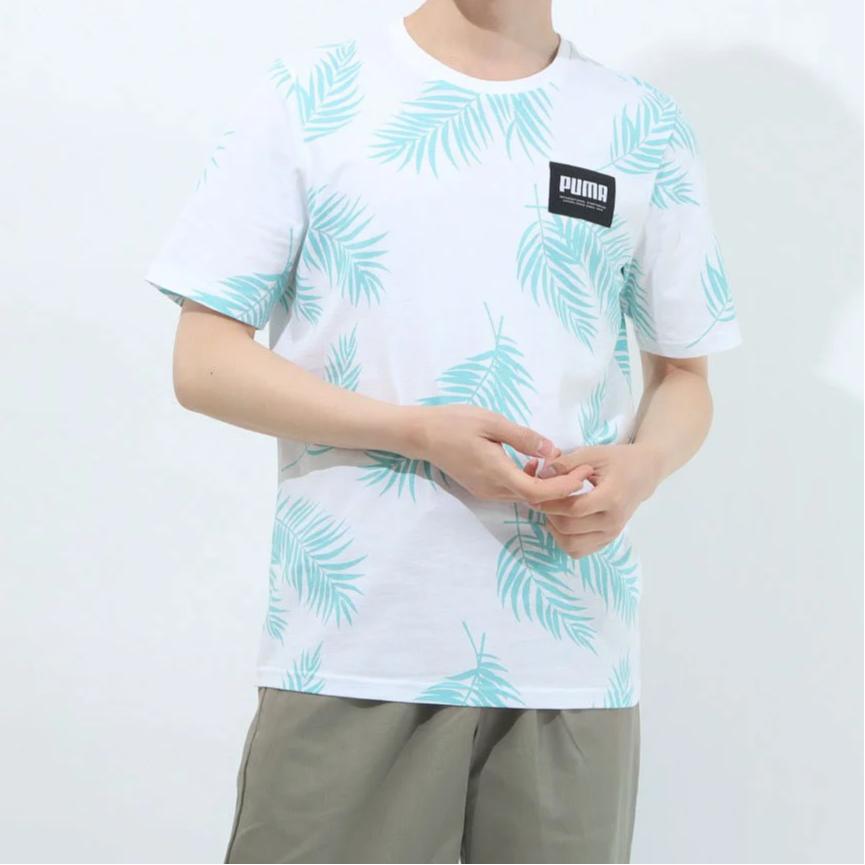 Puma Leaf Print Casual Sport Crew Neck Short Sleeve T-Shirt Men Tops Light-Blue 845859-02