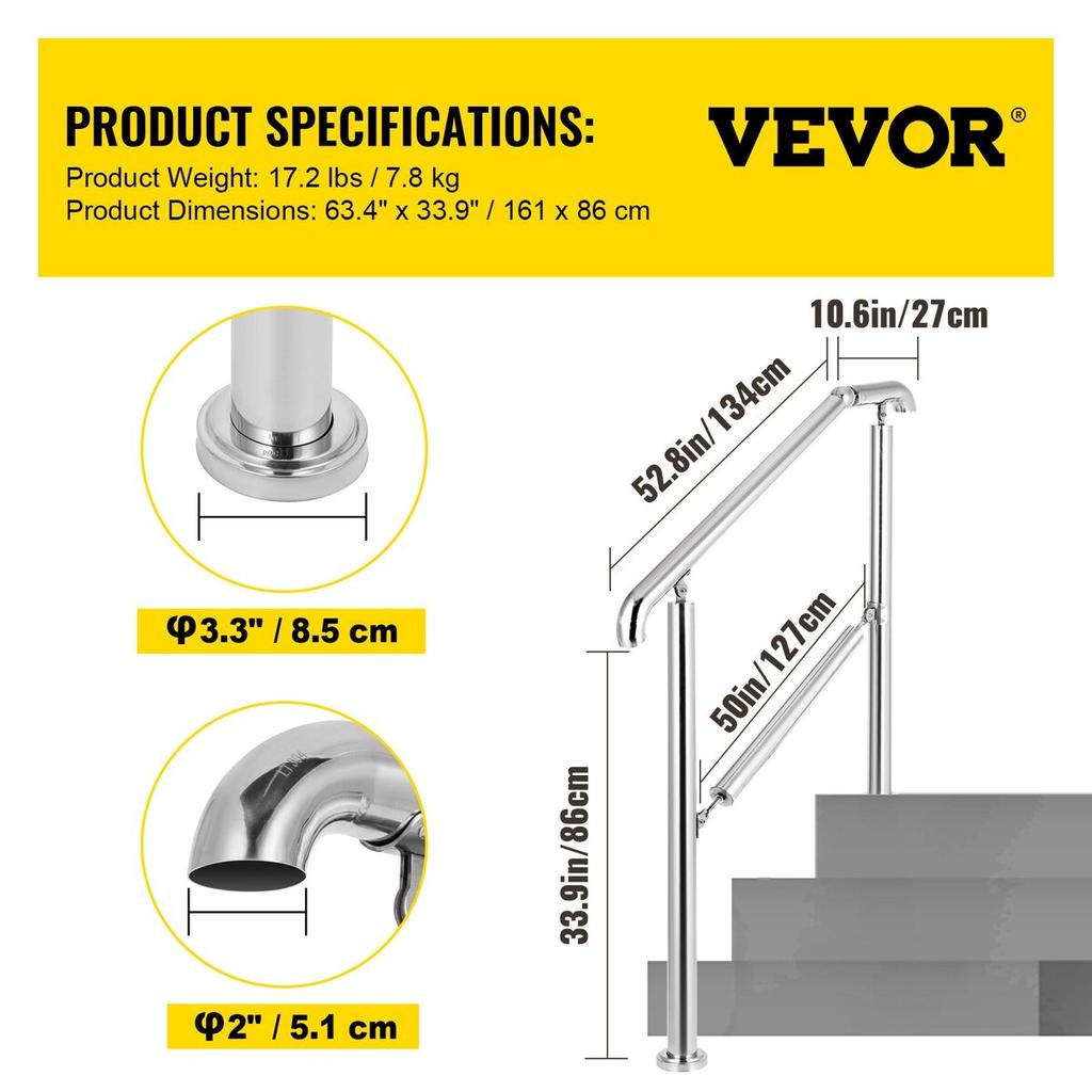 5 Step Railing Stainless Steel Transitional Handrail Fit for Level Surface and 1 To 5 Steps Adjustable Stair Railing Indoor Outdoor Step Railings