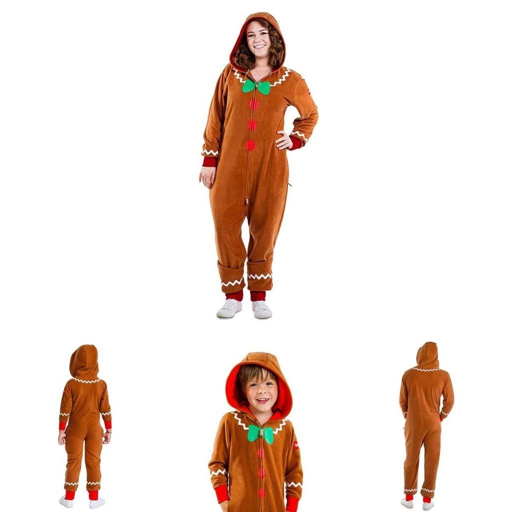 Xmas Party Hooded Jumpsuits For Kids Adult Gingerbread Man Cosplay Costume