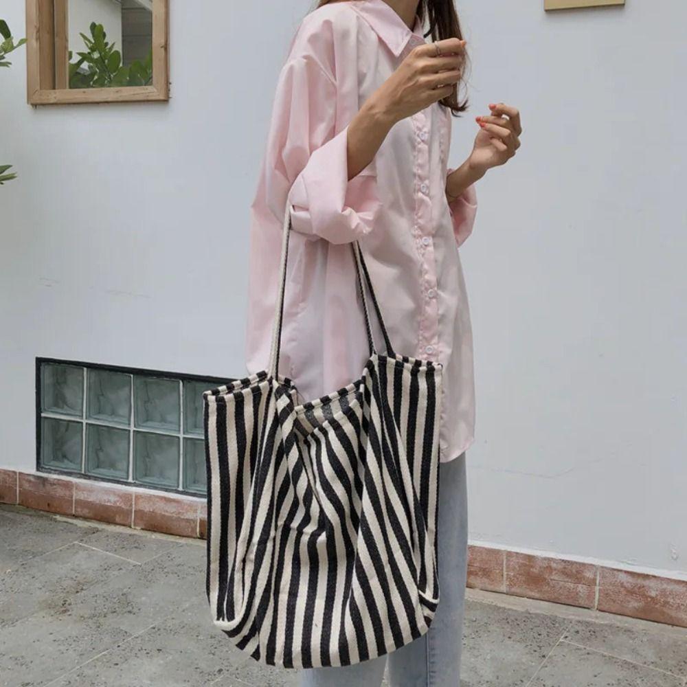 

Large Capcity Simple Shoulder Bag Fashion Shopping Handbag New Stripe Canvas Tote Bag