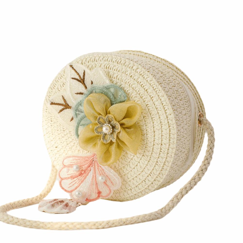 

Crossbody Bag Round Shape Straw Bag Woven Design Handmade Mini Handbag Flower Crossbody Style Messenger Bag Summer Beach белый