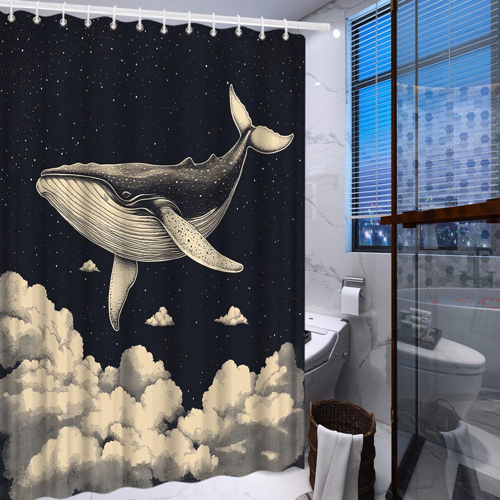 1pc Majestic Whale Shower Curtain - Night Sky & Stars, Dreamy Surreal Art, Sepia-Toned Polyester,  Bathroom Decor