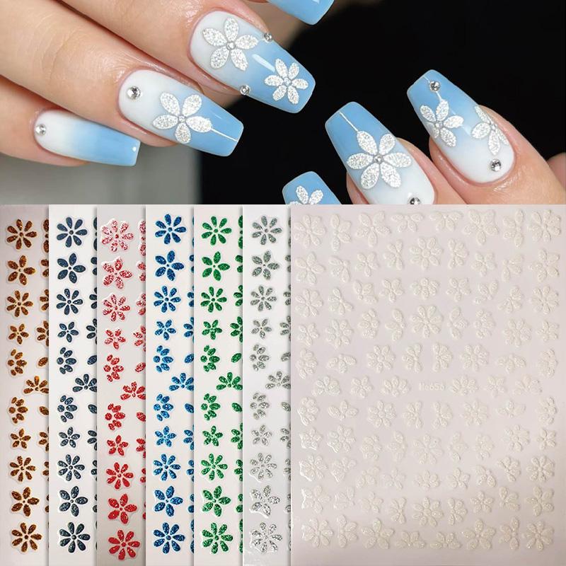 1pc 3D Pink Glitter Flower Nail Art Stickers Kawaii Sakura Daisy Nail Decals Self Adhesive Diy Spring Summer Nail Supplies