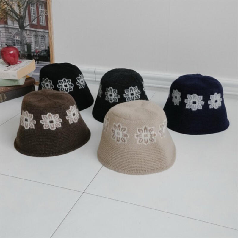 Women's Flower Pattern Wool Knit Autumn Picnic Bucket Hat