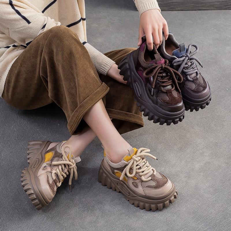 Johnature Genuine Leather Splicing Mesh Casual Shoes Lightweight Lace Up Thick Soled Women's Shoes