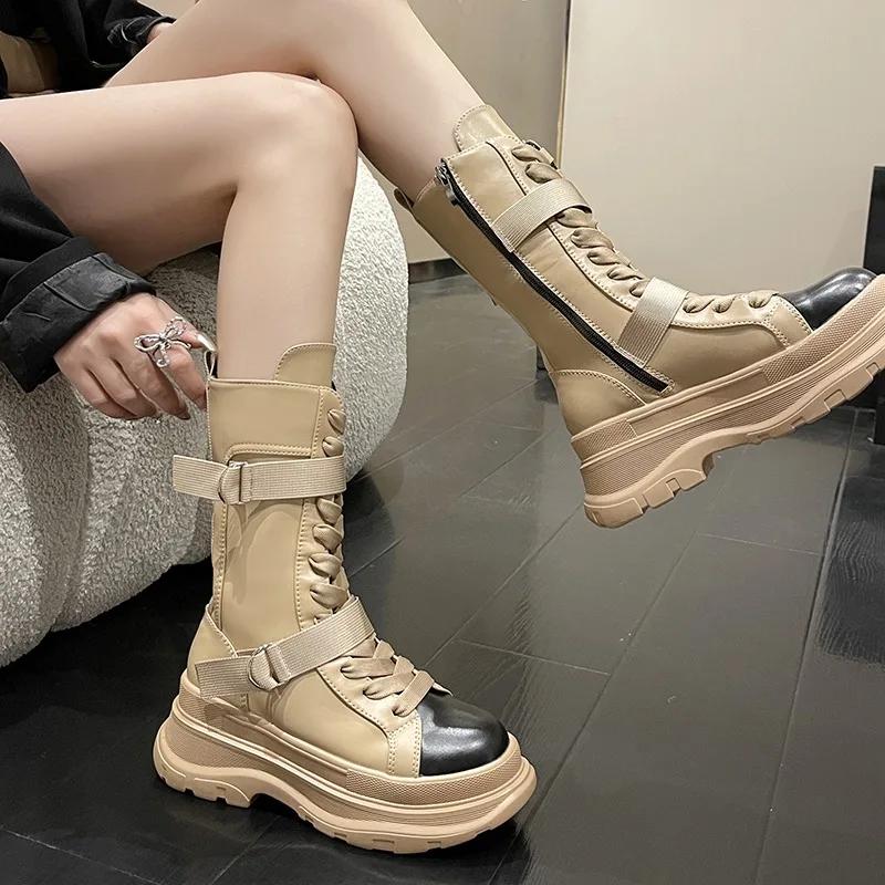 Modische Canvas Chunky Plateau Damenstiefel Herbst Winter Schnürung Reißverschluss Motorradstiefel Frau Dicke Sohle Rutschfest Stiefeletten