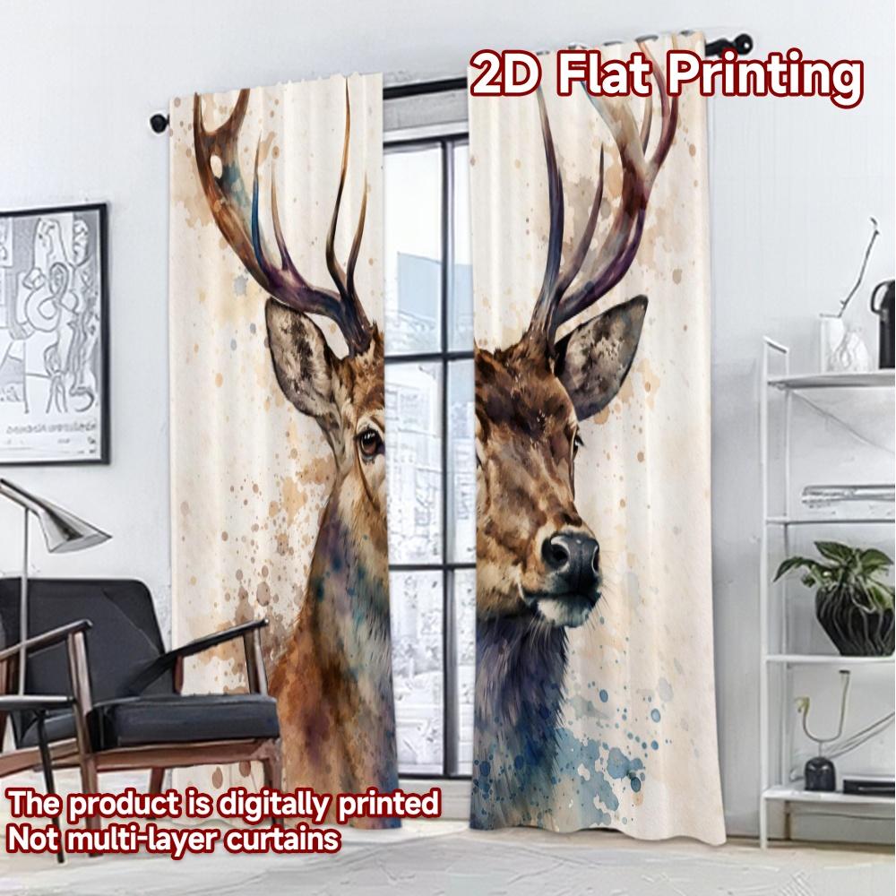 2D FLAT PRINTING 2pcs Curtains (Without Rod) Watercolor Majestic Deer Popular Minimalist Curtains Durable Polyester Curtains