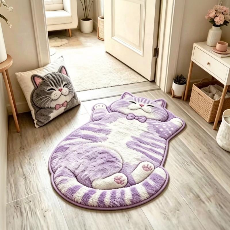 Cute Cartoon Lazy Cat-Shaped Rug Fun Creative Home Decor For Bedroom Beside Floor Mat Entrance Bathroom Washable Soft Carpet